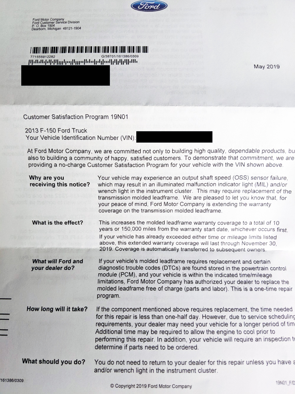 Ford F-150 Lead Frame Recall Letter