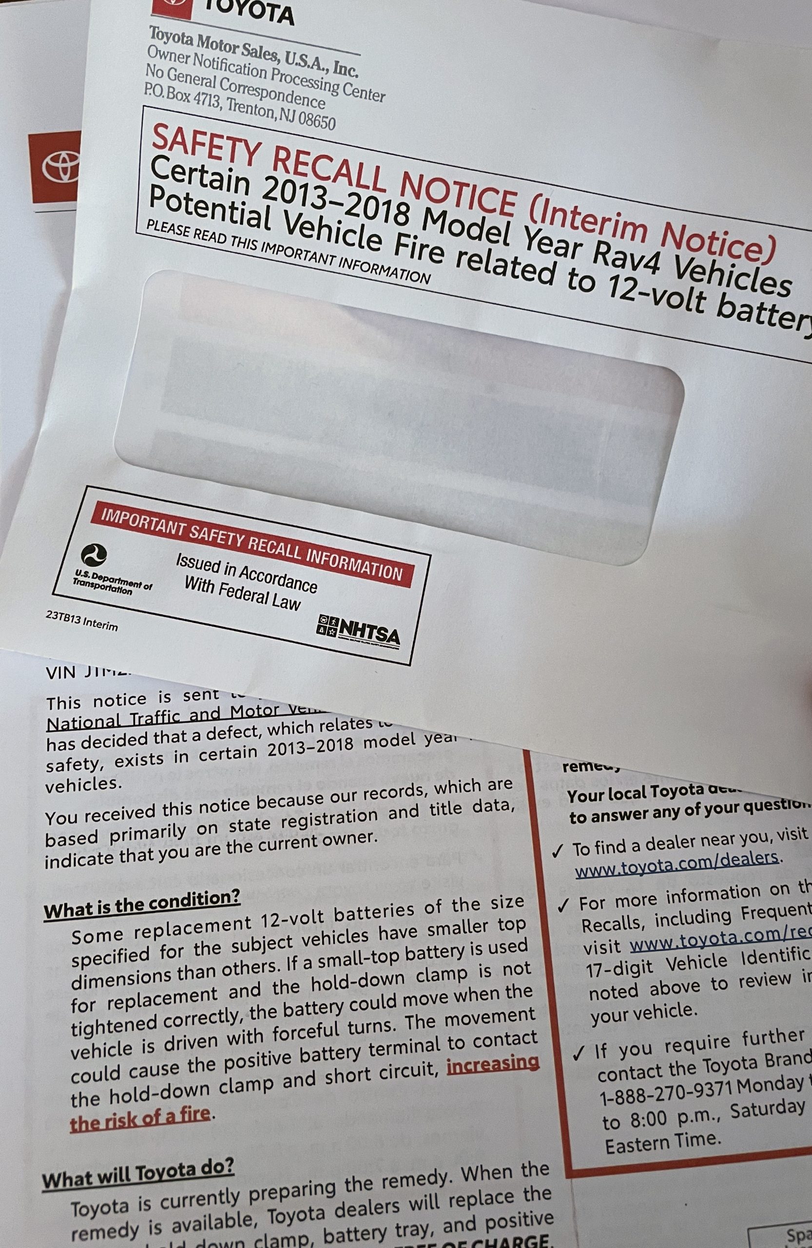 Toyota RAV4 Battery Recall Letter